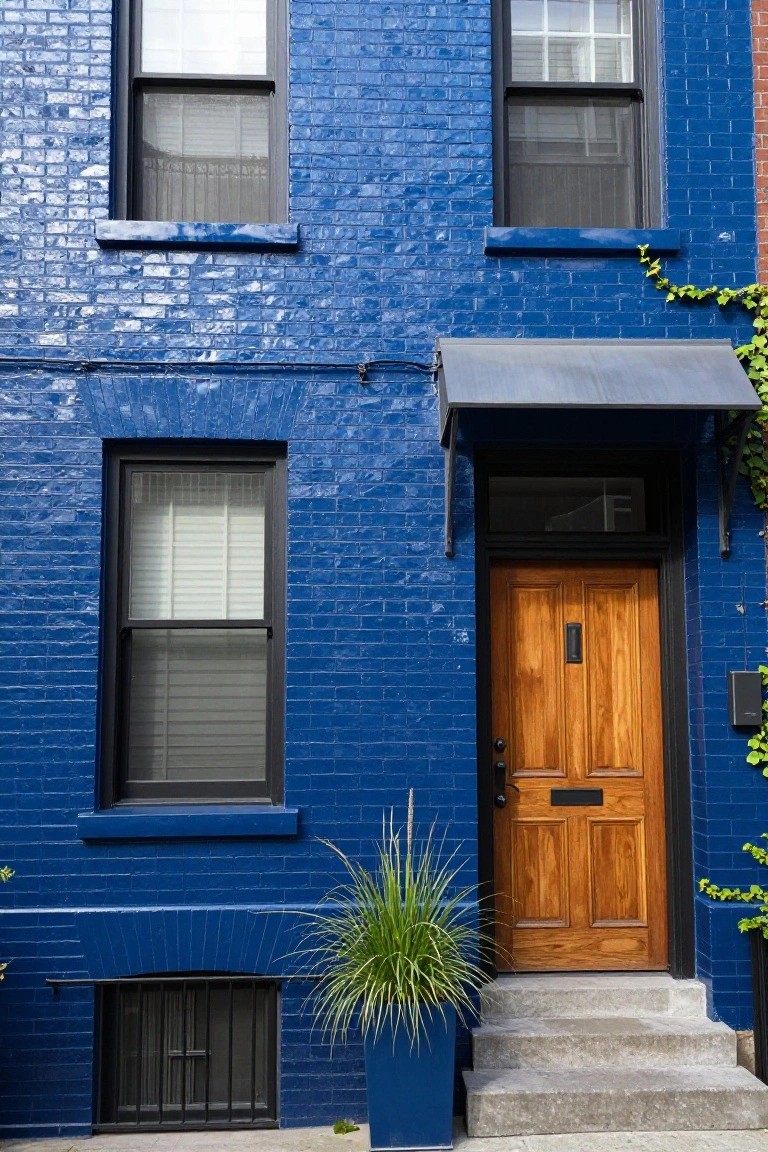 Front view of a two-story glossy blue brick townhouse with black-framed windows, white blinds, wooden front door with mail slot, potted ornamental grass beside concrete steps, and ivy on the side.