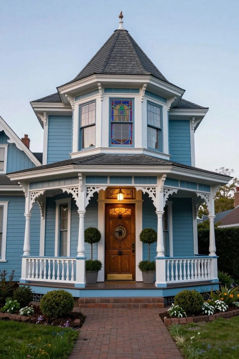 Blue Victorian-style house featuring an octagonal turret with stained glass window, ornate wraparound porch with turned columns, wooden front door, brick pathway, and low plantings in the front yard.