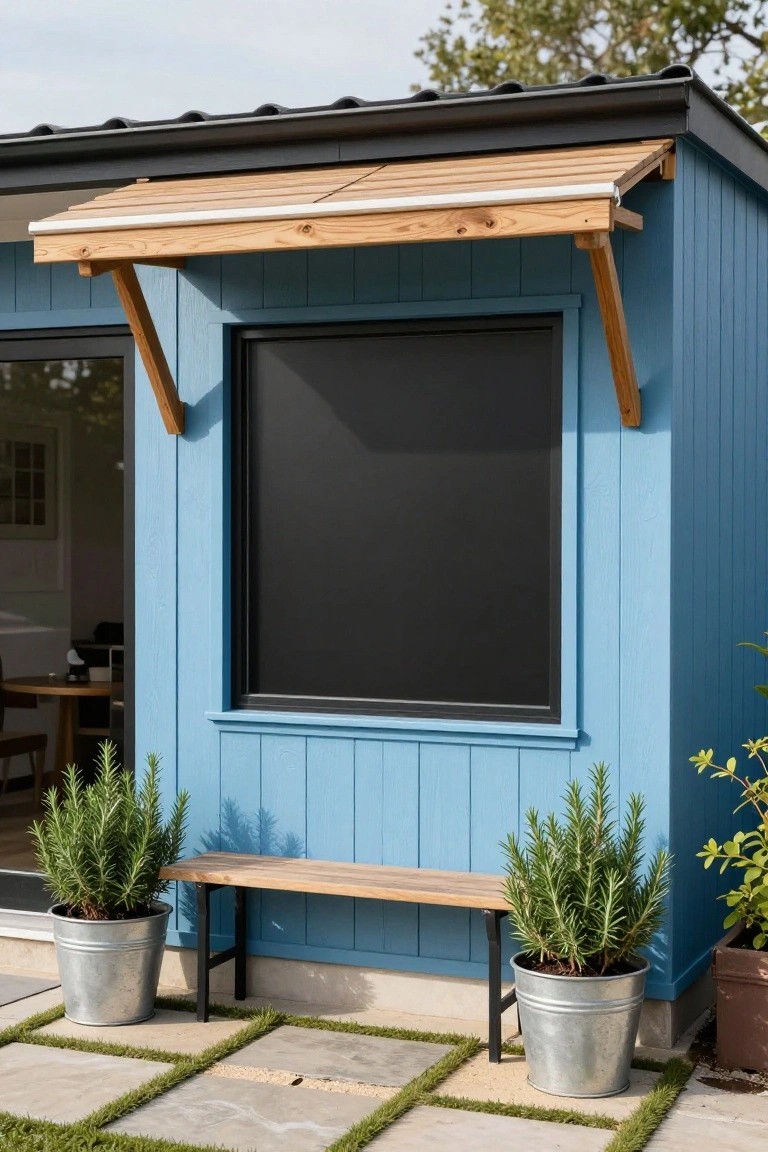 Blue vertical wood-sided shed with a slatted wooden awning over a black-framed window, wooden bench, and two metal buckets planted with rosemary on a stone paver patio edged in grass.