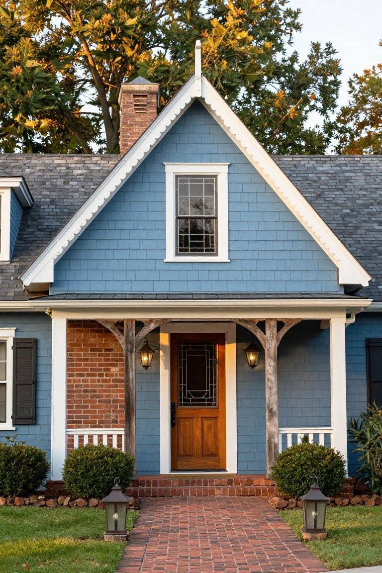 Front exterior of a light blue shingle-sided house with gabled roof, white trim, wooden porch with lanterns, brick foundation and path, boxwood shrubs, and autumn trees.