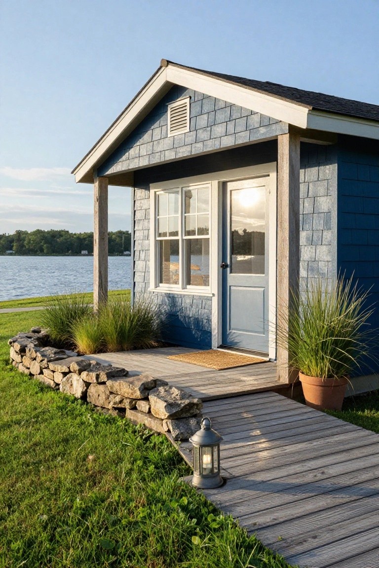 Small blue shingled cottage with gabled roof, double-pane windows, blue front door on a porch supported by wooden posts, stone retaining wall with ornamental grasses, wooden walkway, lantern, and lake view in background.