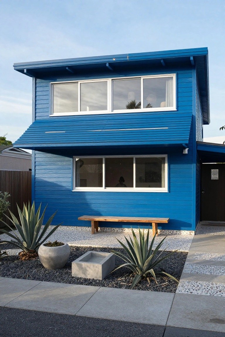 A bright blue two-story clapboard house with a flat roof, metal awning over front windows, wooden bench, agave plants, and gravel landscaping in the front yard.