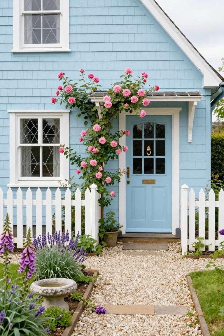 Light blue shingle-style house with pink climbing roses draping over the entry porch and blue front door, white picket fence, gravel path, and purple flowers in the front garden.