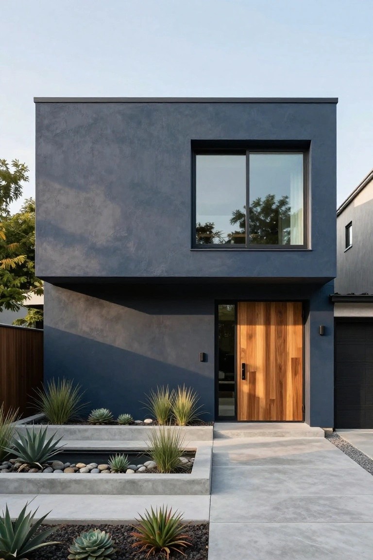 Modern single-story house with dark blue stucco walls, large horizontal window, wooden pivot front door, black garage door, and low succulent plantings in concrete planters along the front walkway.