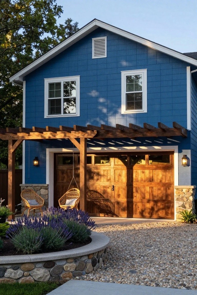 A two-story house painted deep blue with white trim and gable roof, featuring a wooden garage door, pergola over the driveway, lanterns on posts, wicker chairs, and lavender plants in curved stone-edged beds on gravel ground.