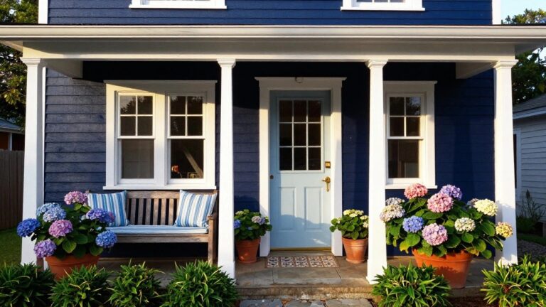 Navy blue clapboard house with white trim and columns, light blue front door with brass hardware, wooden porch bench with blue and white striped cushions, large terracotta pots of blue hydrangeas on either side, small potted plant by door, stone pathway, and surrounding shrubs and trees.