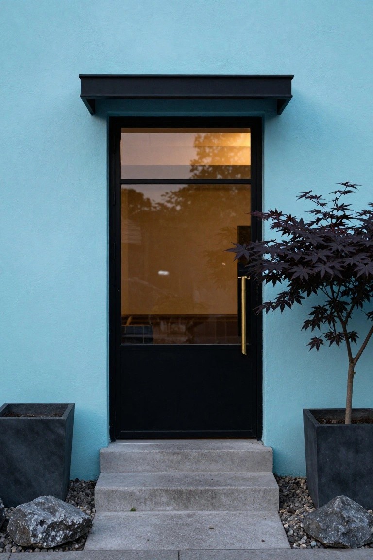 Light blue house wall with black metal-framed glass front door, brass handle, concrete steps, two black pots with Japanese maple trees, and scattered rocks on gravel ground.