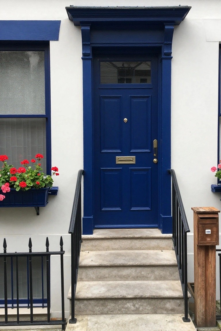 White stucco house facade with glossy navy blue paneled front door, blue-framed windows with flower boxes of red geraniums, brass letterbox and knocker, short stone steps with black iron railing, and wooden post box.