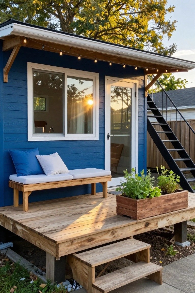 Small navy blue lap-sided shed with white-framed windows and glass door elevated on a wooden deck, next to a wooden bench with blue and white cushions, a wooden box planter with herbs, string lights under the eaves, black metal stairs nearby, and wooden steps down to a yard with plants and trees.