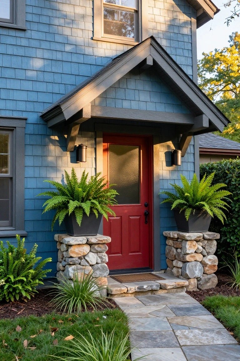 Blue shingle-sided house exterior with gabled entry porch, red paneled front door, black lantern lights, large ferns in black pots on stone pedestals, and flagstone pathway.