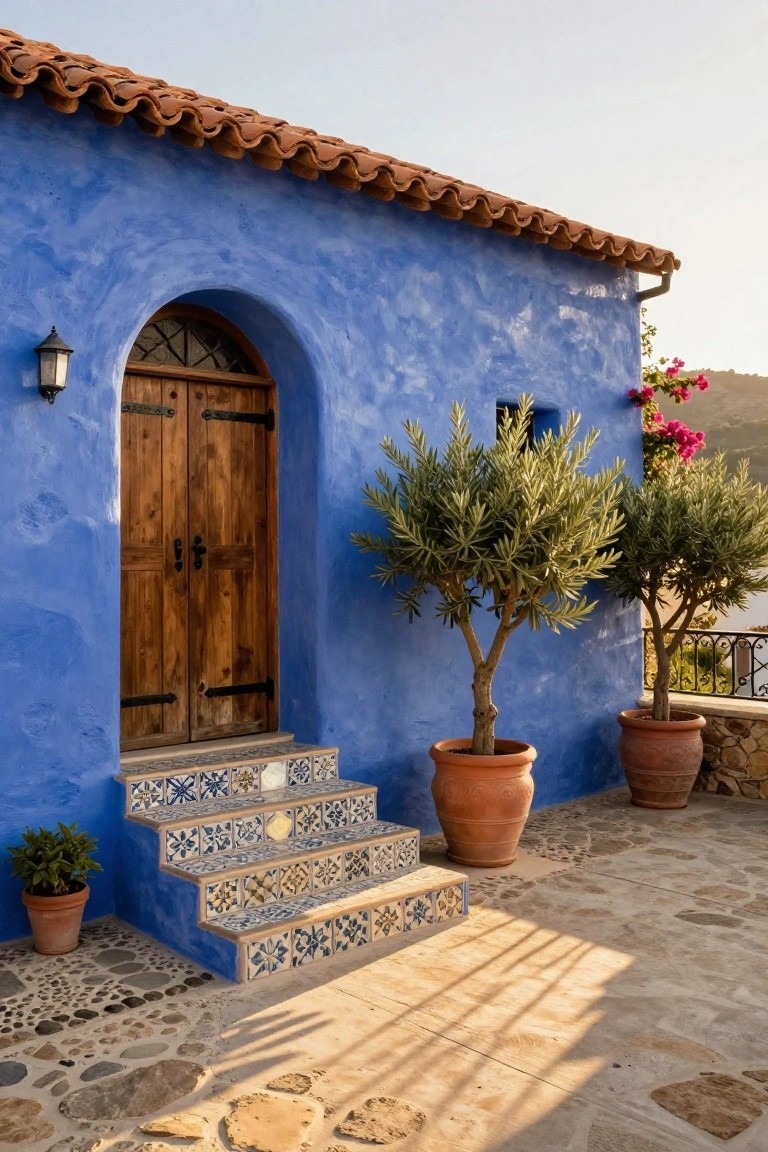 Bright blue stucco house exterior with arched wooden double doors, black iron hardware, colorful tiled steps, potted olive trees in terracotta pots, lantern light, and stone paving at sunset.