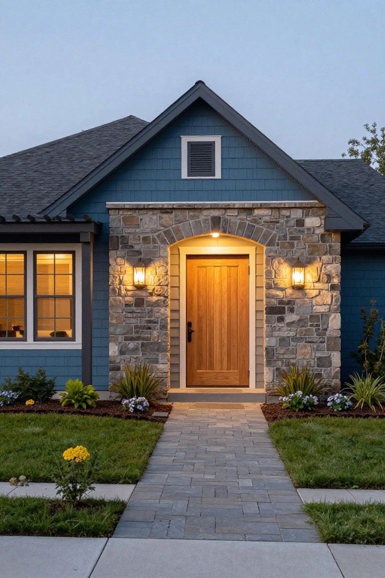 Front exterior of a blue shingle siding house with dark gable roof, centered stone arched entryway around a wooden door, flanked by wall lanterns, paver walkway, and low garden plantings.