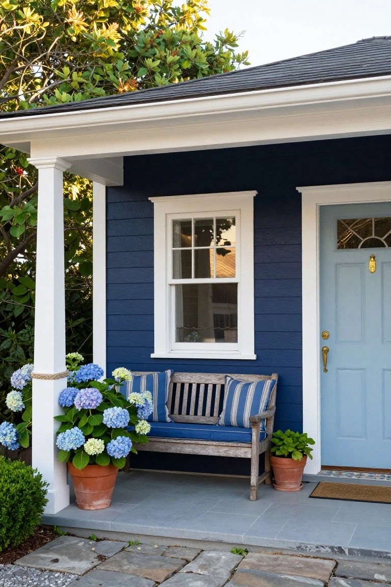Navy blue clapboard house with white trim and columns, light blue front door with brass hardware, wooden porch bench with blue and white striped cushions, large terracotta pots of blue hydrangeas on either side, small potted plant by door, stone pathway, and surrounding shrubs and trees.
