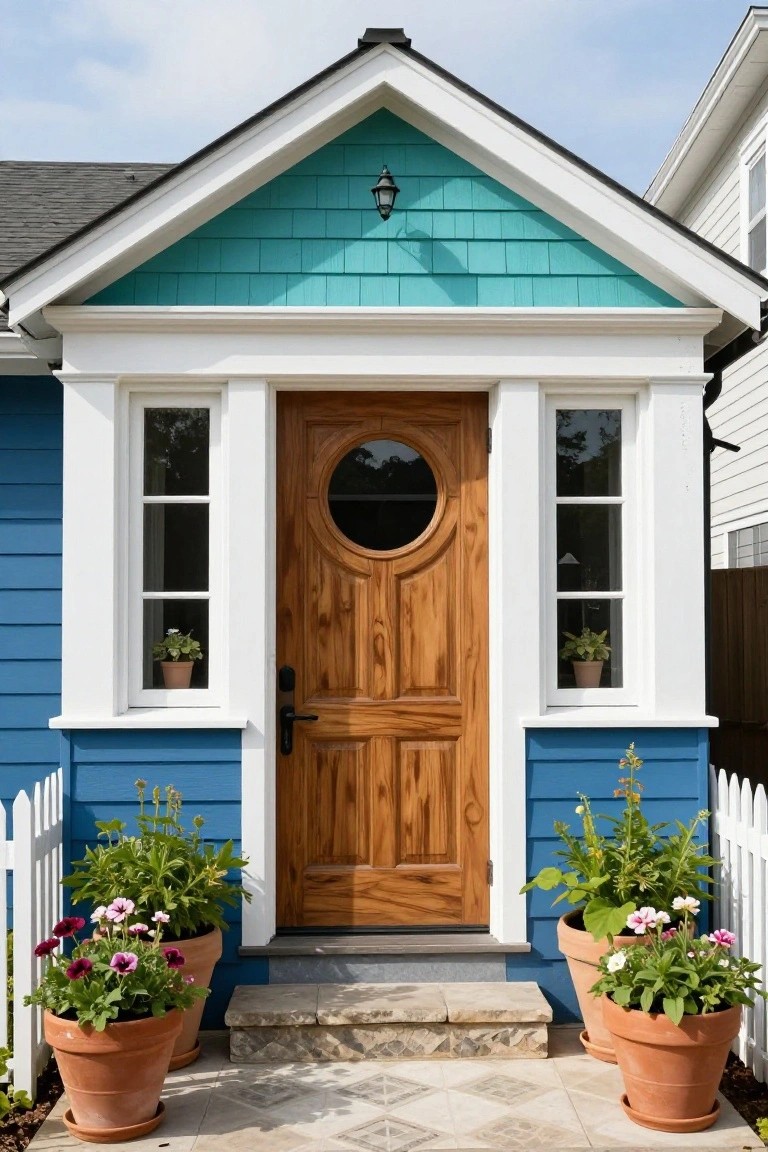Front exterior of a small cottage house with turquoise shingled gable, blue siding, white trim around windows and door, wooden front door with circular window and paneled design, potted plants in windows and large terracotta pots with flowers beside tiled entry steps, and white picket fence.