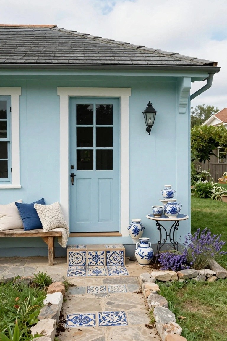 Light blue house exterior featuring a blue paneled front door, wooden bench with beige and blue pillows, stacked blue-and-white ceramic pots on a black metal stand next to tiled steps, with a stone path, lavender plants, and garden edging.