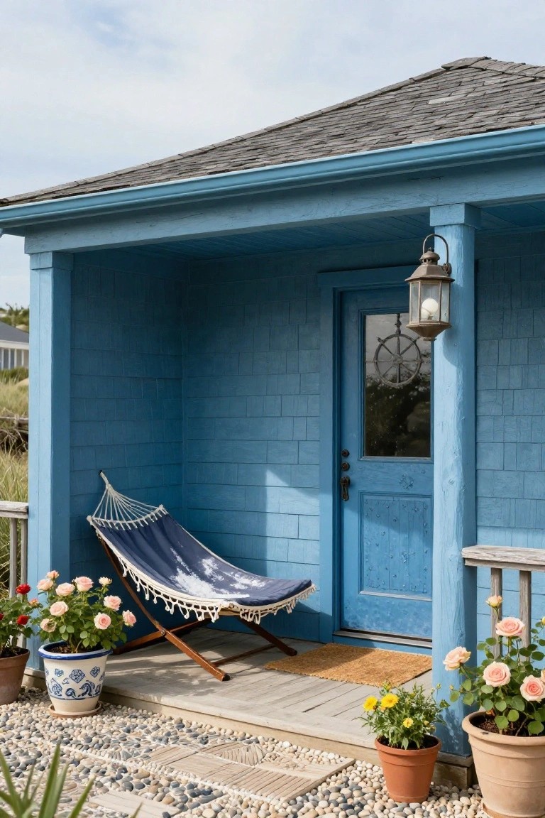 Blue shingled cottage exterior with covered front porch, navy hammock chair, blue door featuring ship's wheel window, hanging lantern light, and potted flowers on gravel path.