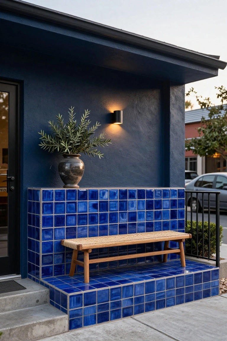 Navy blue stucco house wall with black front door, black wall-mounted light, olive branches in large black pot, raised blue tiled platform holding wooden bench, and concrete steps at street level.