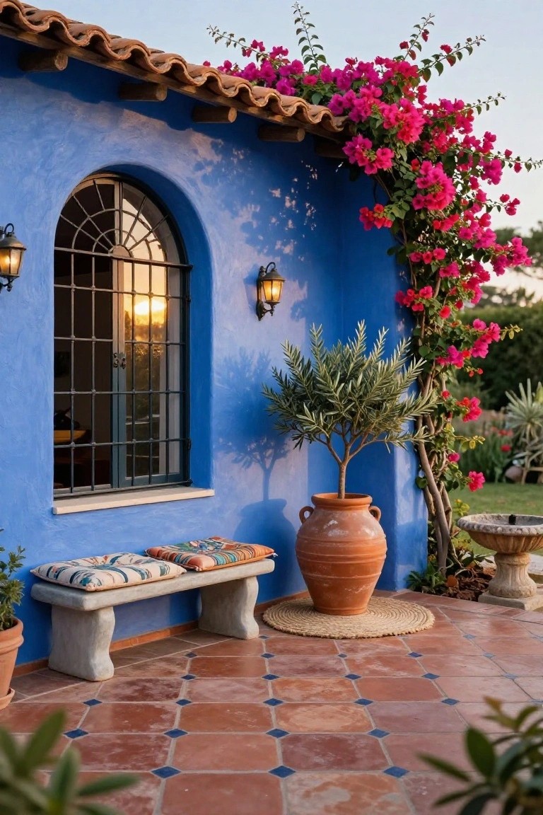 Blue stucco house wall with arched window featuring iron grilles, pink bougainvillea vines climbing the upper section, stone bench with cushions, olive tree in terracotta pot, and terracotta tiled porch floor at sunset.