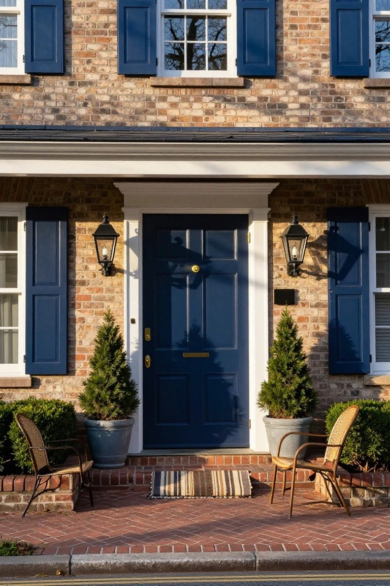 Two-story brick house exterior featuring navy blue front door and shutters, brass knocker and handle, black lanterns, potted evergreen trees, and wicker chairs on brick steps with a striped rug.