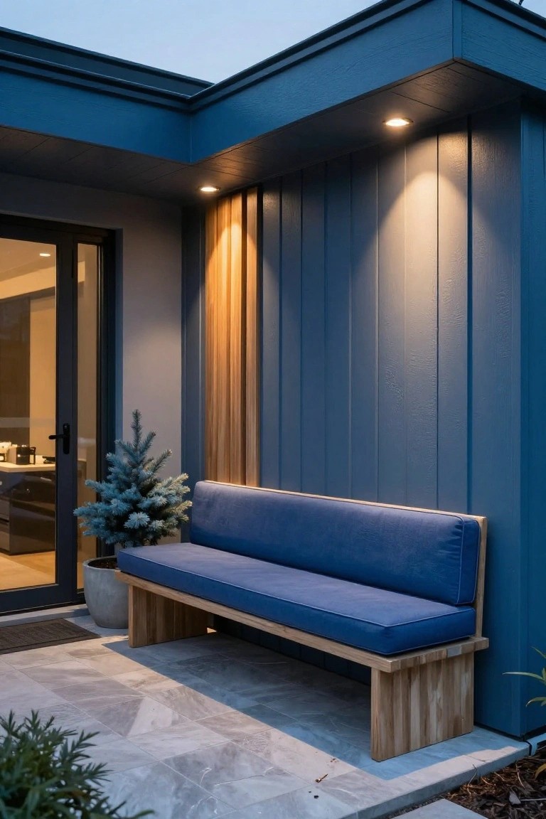 Blue wood-clad house exterior at dusk with recessed lighting, glass entry door, built-in wooden bench with blue cushion, potted blue-tinted Christmas tree, and gray patio tiles.