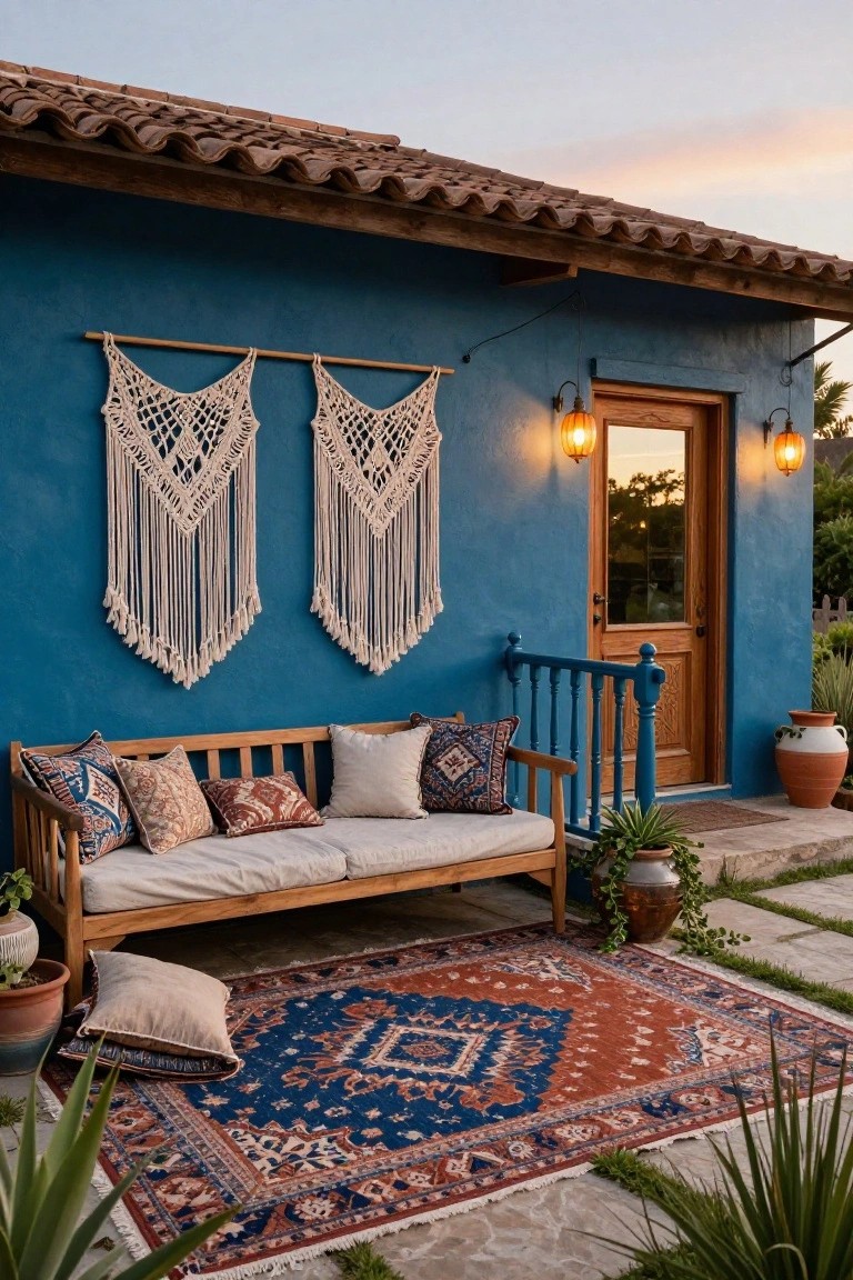 Blue stucco house exterior with terracotta tile roof, wooden door lit by lanterns, two large white macrame wall hangings, wooden bench with assorted colorful and neutral pillows on a red blue and white patterned rug, potted plants on stone pavers at dusk.