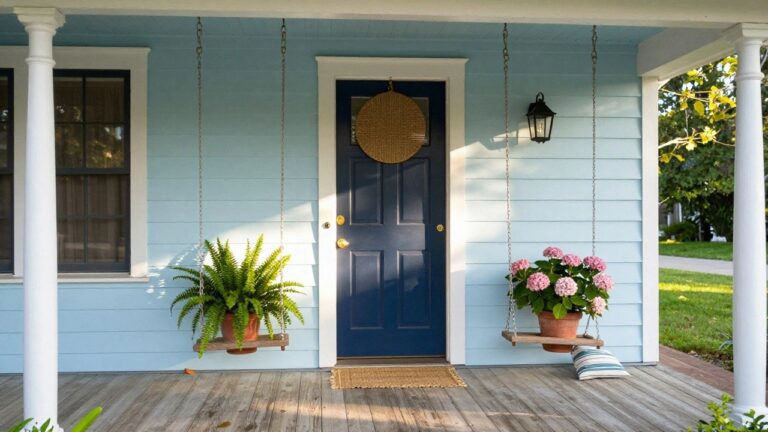 Light blue clapboard house exterior with white porch columns and railing, navy paneled front door with brass knocker and knob, potted fern plant on left, pink hydrangea in orange pot on right, woven door mat on weathered gray porch deck.
