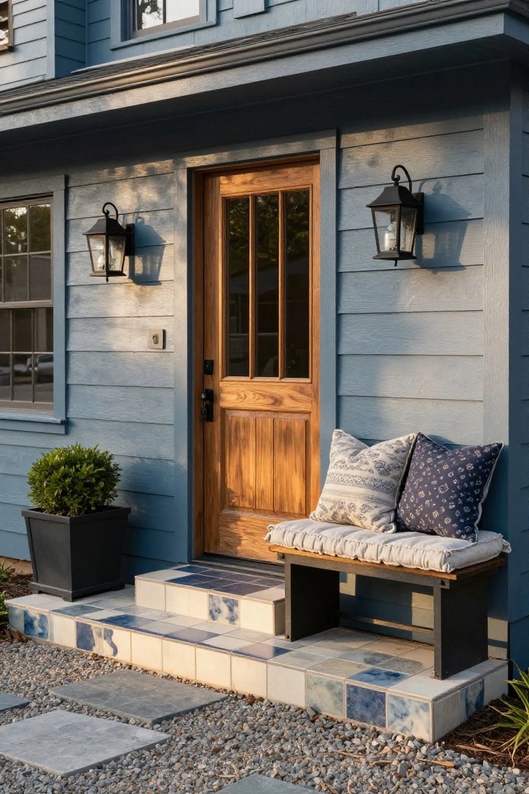 Blue wood-sided house exterior featuring a wooden paneled front door flanked by black lantern lights, a black metal bench with white and patterned cushions on tiled steps, a potted boxwood shrub, and a gravel path with stone pavers.