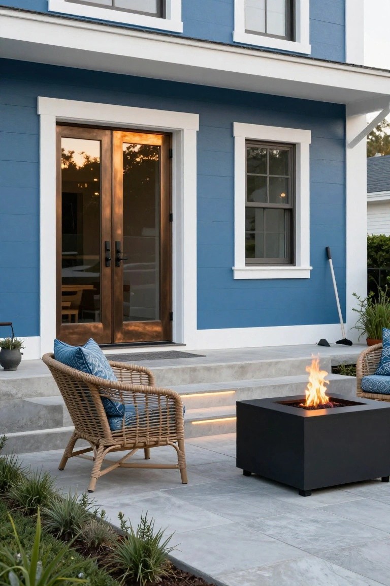 Blue house exterior with bronze French doors, concrete porch steps, two wicker chairs with blue cushions, square black fire pit burning, potted plants, and low ground cover.