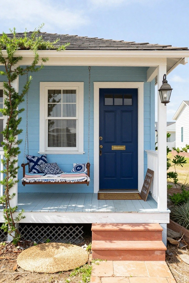 Light blue clapboard house with navy blue front door, white porch railing, hanging wooden porch swing with blue patterned pillows and fringed blanket, climbing greenery, lantern light, doormat, and brick steps leading to seagrass rug on ground.