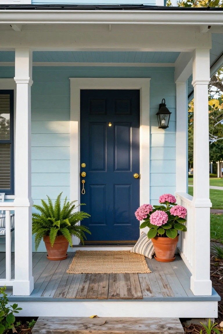 Light blue clapboard house exterior with white porch columns and railing, navy paneled front door with brass knocker and knob, potted fern plant on left, pink hydrangea in orange pot on right, woven door mat on weathered gray porch deck.