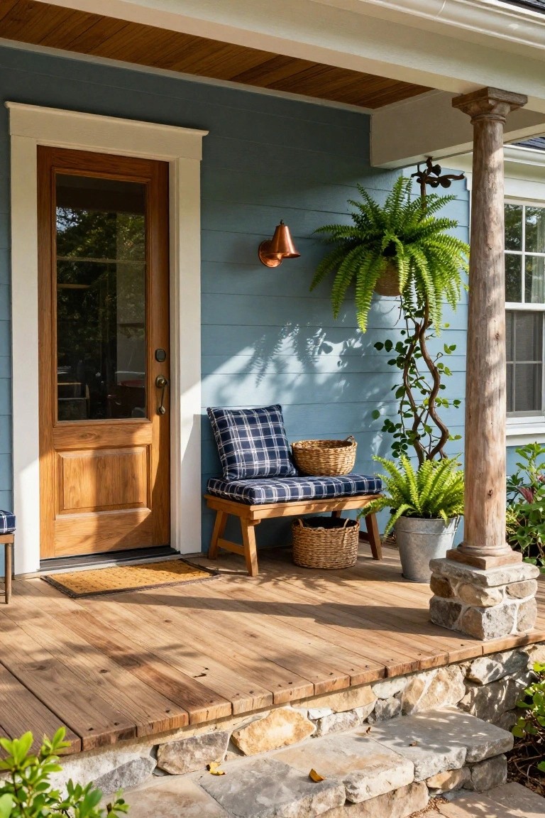 Blue clapboard house front porch with wood-framed glass door, wooden bench with plaid cushions and basket, hanging fern plant, potted ferns, copper wall lantern, wooden deck, stone pillar base, and greenery.