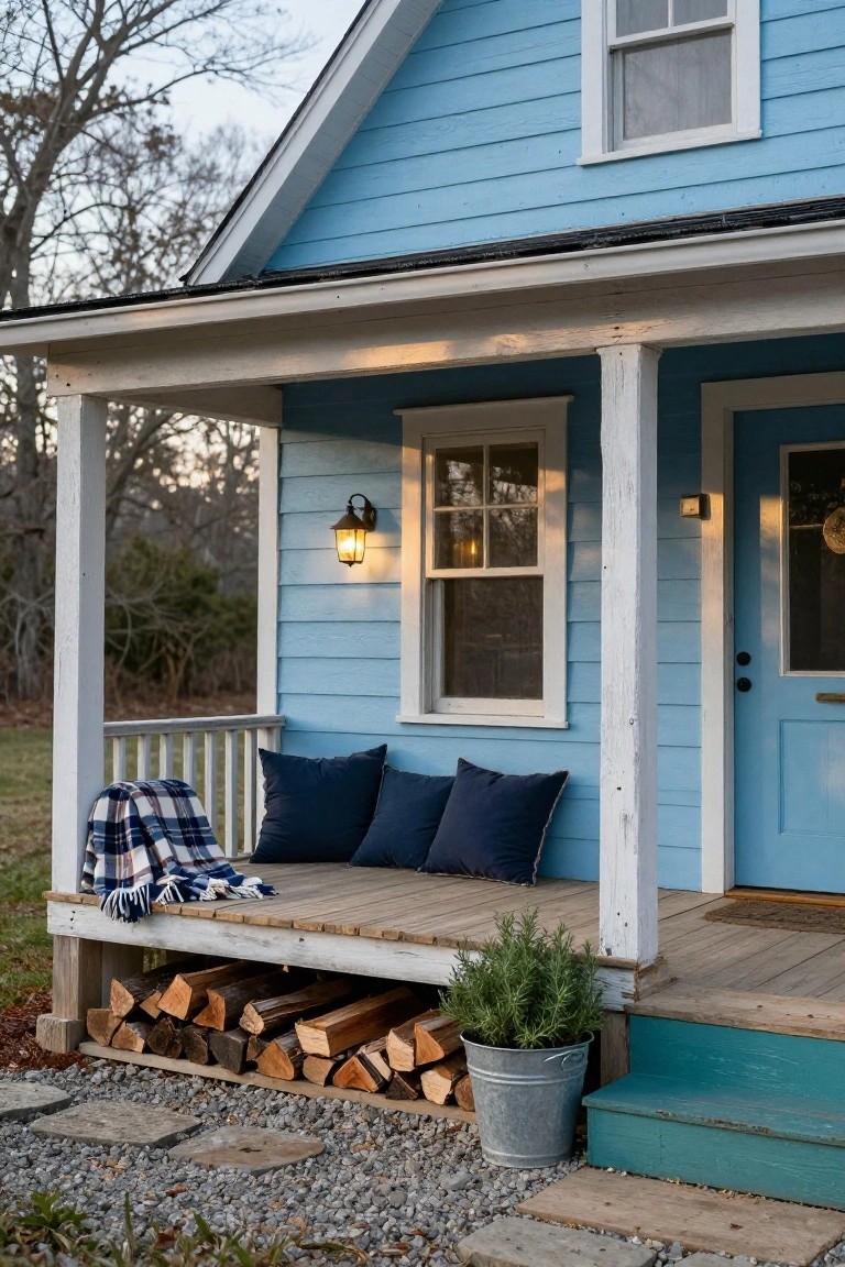Light blue clapboard house exterior with white trim, covered front porch, wooden bench with navy pillows and plaid blanket, firewood stacked underneath, potted rosemary plant, lanterns, blue door, gravel path, and bare trees at dusk.