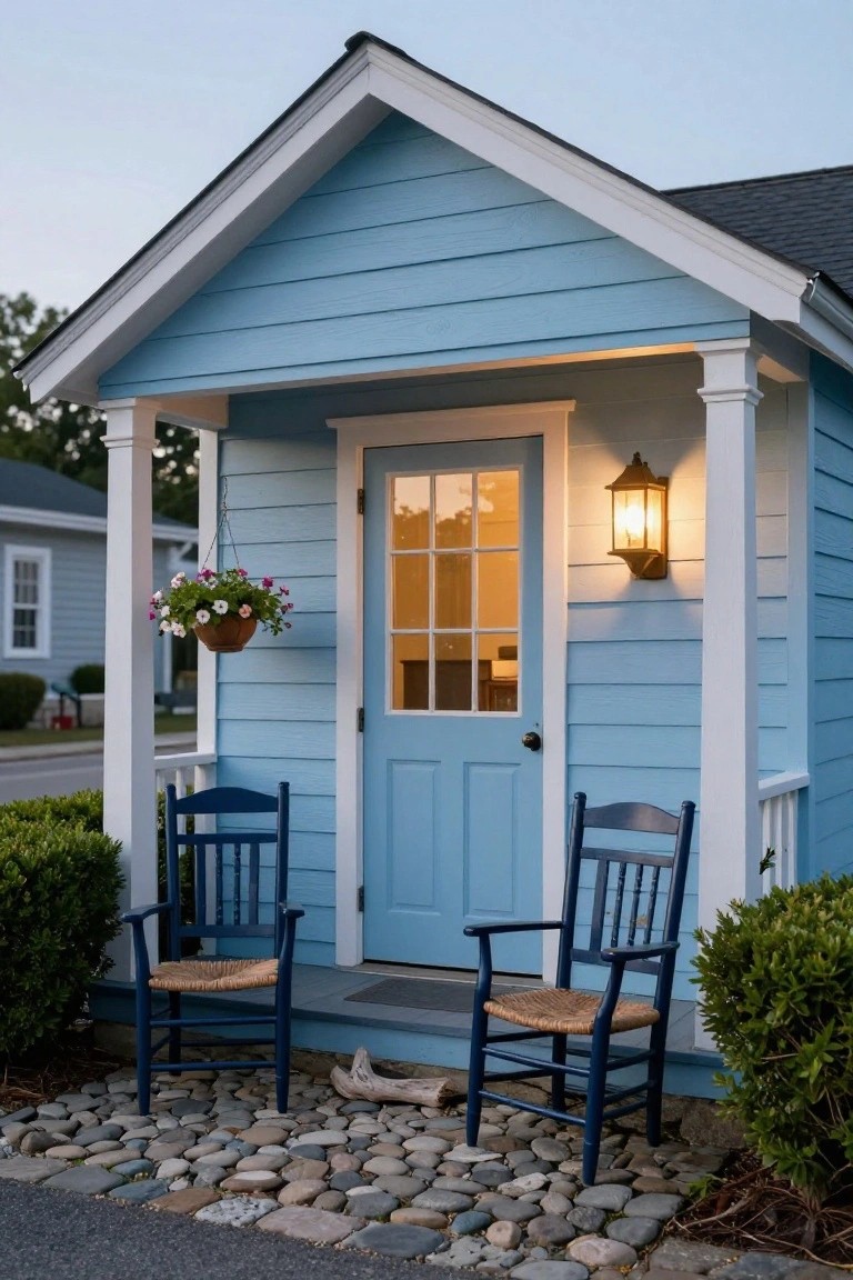 Small light blue clapboard house with gabled roof, white porch columns and trim, glass-paneled blue front door, two navy ladder-back rocking chairs with woven seats on porch steps, hanging flower basket, wall lantern light, shrubs, driftwood, and pebble ground cover beside asphalt driveway.