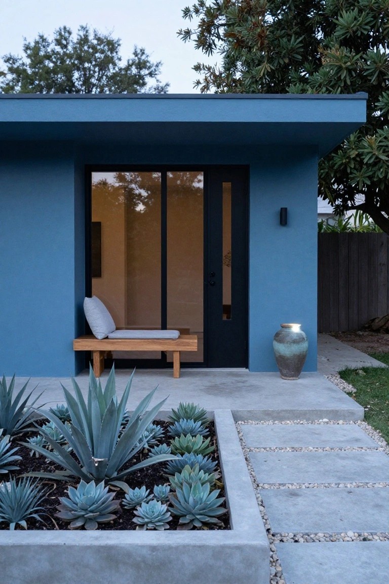Blue painted modern house exterior with large sliding glass doors, black frames, wooden bench with white cushion, large pottery vase, raised concrete planter bed of agaves and succulents, and concrete path with pebbles.