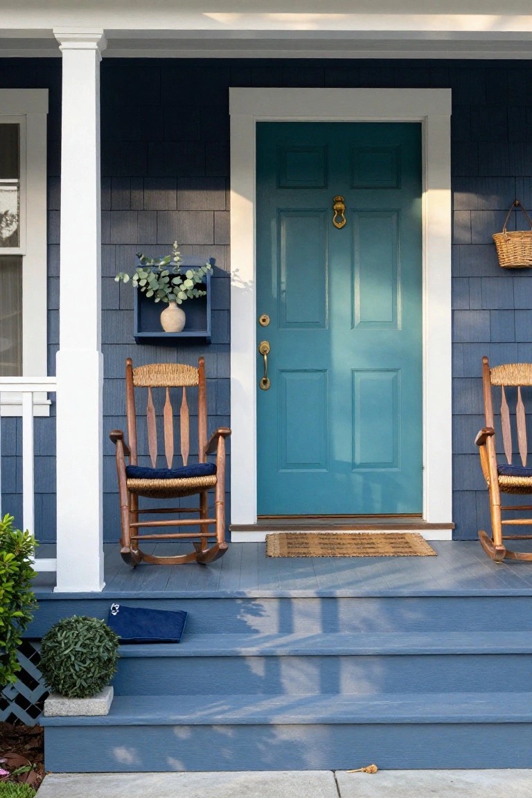 Navy blue shingle house exterior featuring a teal paneled front door with gold knocker and handle, flanked by two wicker rocking chairs on a porch with white columns, blue steps, potted plants, and eucalyptus in a wall shelf.