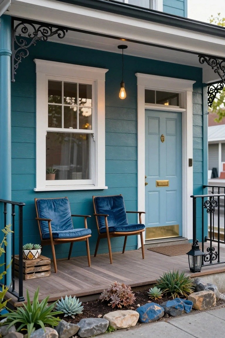 Teal clapboard house with white window trim and light blue front door, wooden front porch railing with two blue upholstered armchairs, potted succulents on a crate, lantern light, and rock-edged succulent garden by the steps.