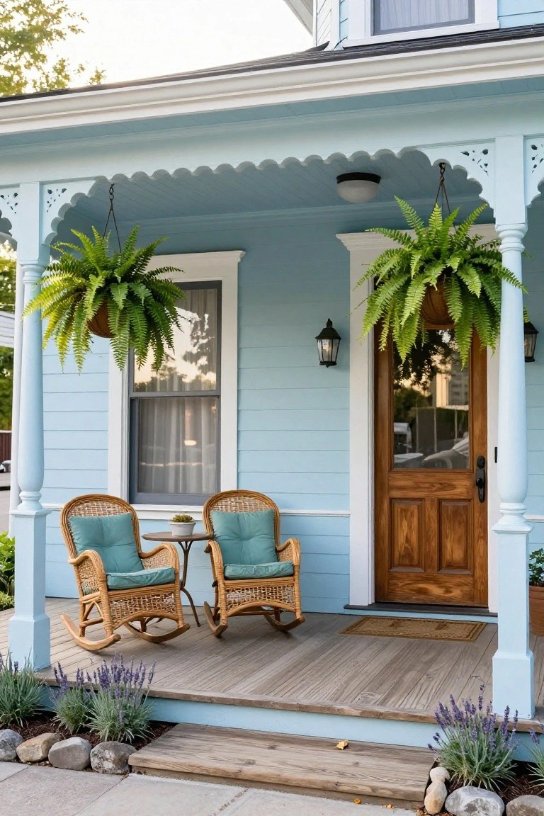 Light blue house exterior with scalloped porch roof, two turquoise-cushioned wicker rocking chairs on wooden deck, hanging ferns, wooden front door with glass panels, lanterns, and lavender plants by steps.