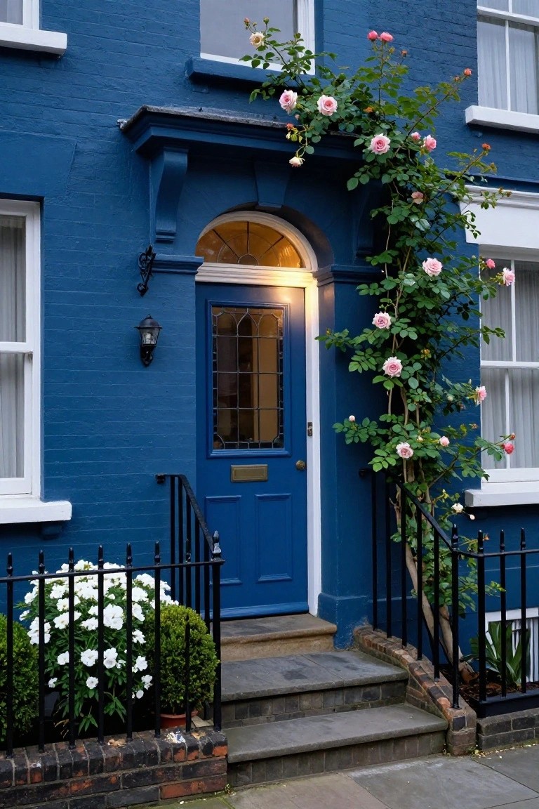 Blue brick terraced house exterior featuring pink climbing roses around a blue front door with arched fanlight window, lantern light, black railing, steps, and white flowering shrubs in front.