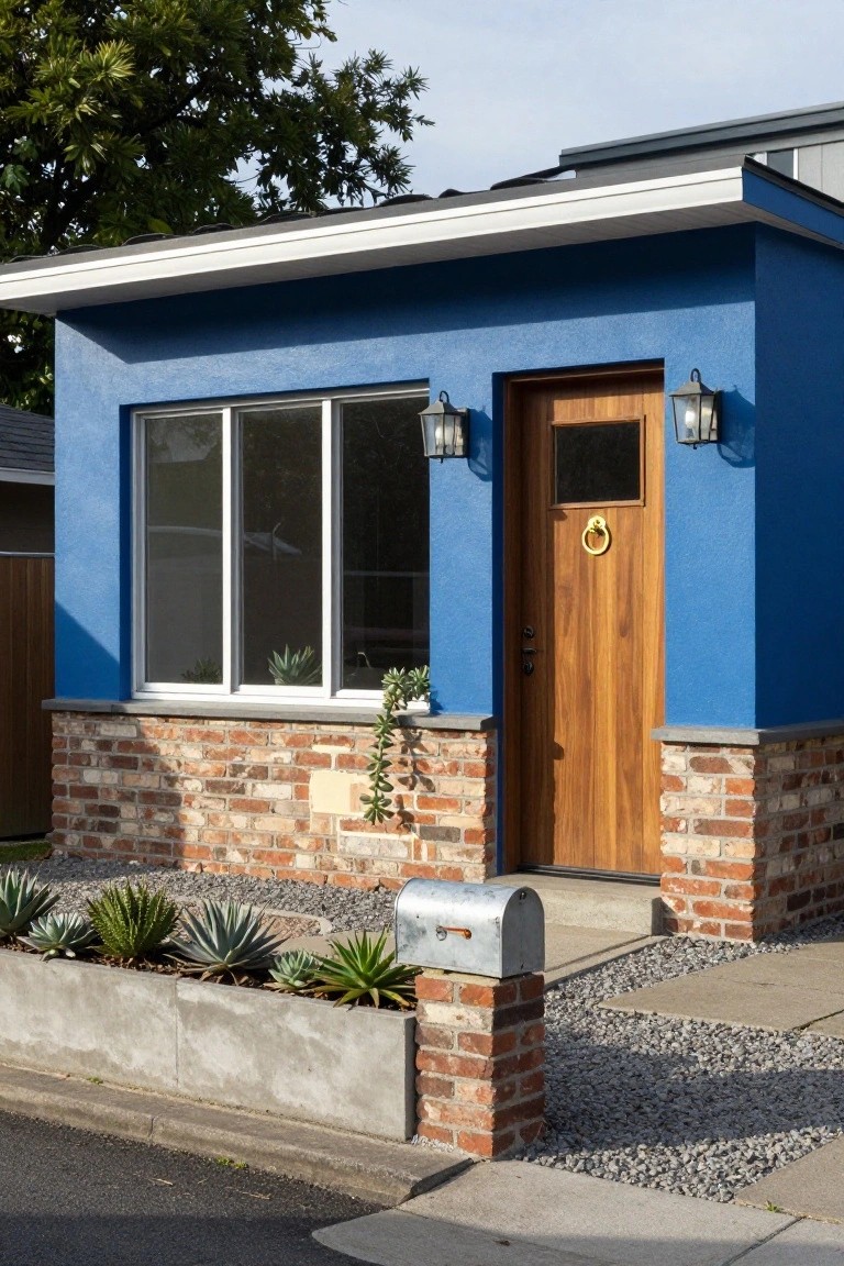 Front view of a small blue house with brick plinth at the base, wooden front door, brass knocker, lantern lights flanking the entry, large horizontal window, and succulent plants in a concrete bed next to a metal mailbox.
