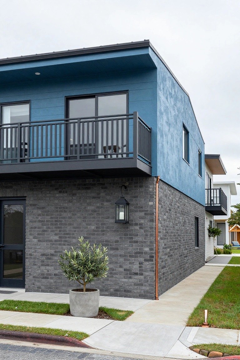 Corner view of a modern two-story house with textured blue upper walls, gray brick lower walls wrapping the corner, black metal balcony railing above the entry door, copper downspout, and potted olive tree on the sidewalk.