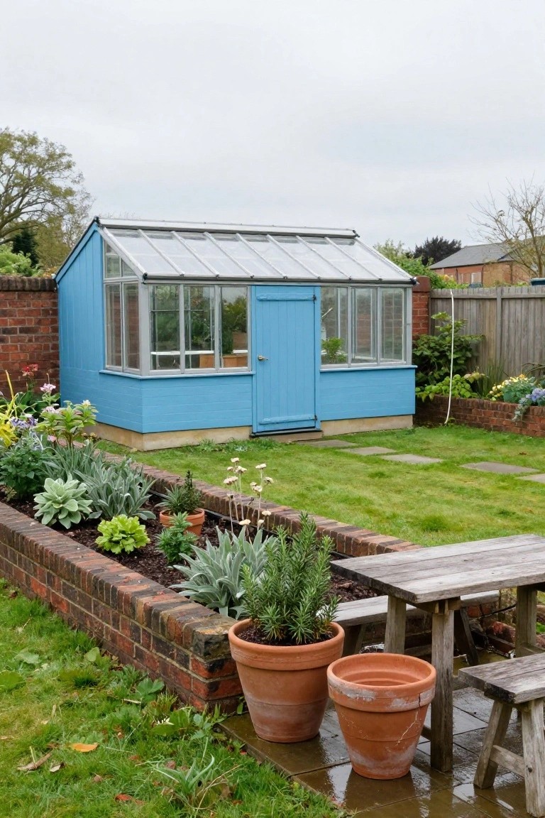 Blue painted wooden greenhouse with glass roof and walls in a backyard garden, surrounded by brick raised planters filled with succulents, herbs, and flowers, wooden table with benches, and large terracotta pots on wet grass.