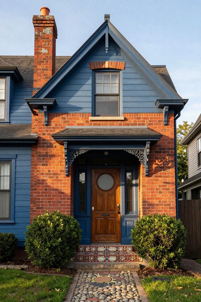 Front exterior view of a blue clapboard house with tall red brick chimney, gabled roofline, covered entry porch with wooden door, brick corner piers, boxwood shrubs, tiled steps, and pebble mosaic path.