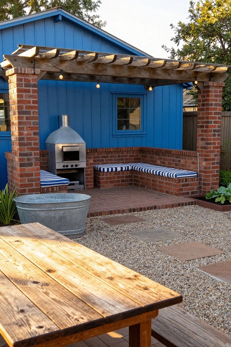Blue clapboard outbuilding with red brick pillars supporting a wooden pergola strung with lights, metal pizza oven built into brick base, built-in benches with blue-and-white striped cushions, wooden table, metal tub planter, and gravel patio with stone pavers.