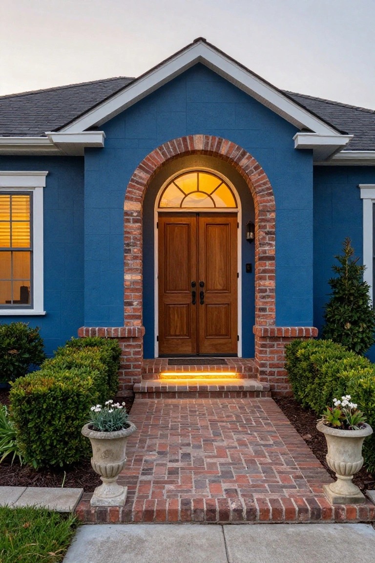 Blue sided house exterior with gabled dark shingled roof, tall brick arch framing double wooden front doors and arched fanlight window, brick pathway steps, boxwood shrubs, and potted plants.