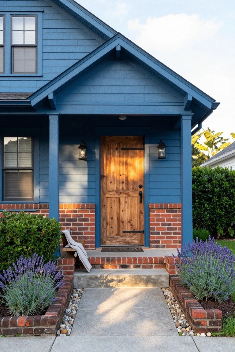 Front view of a two-story blue clapboard house with gable roof, wooden front door on a covered porch, red brick base, lanterns, and lavender plants bordering the concrete walkway.