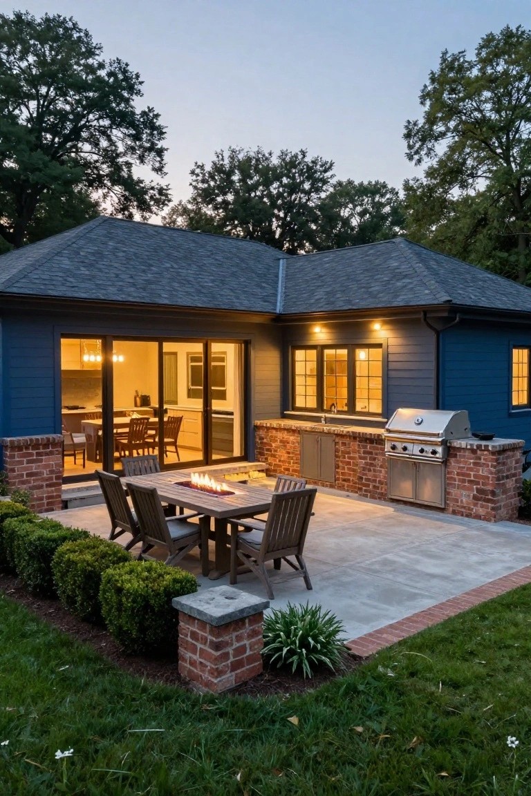 Blue sided house exterior at dusk with sliding glass doors opening from kitchen to concrete patio, brick outdoor kitchen bar with stainless steel grill and sink, wooden rectangular dining table with linear gas fire pit, Adirondack chairs, boxwood shrubs, brick pillars, and grassy lawn.