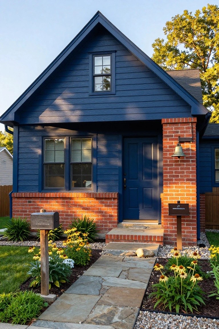 Front view of a two-story navy blue clapboard house with red brick foundation, entry pillar, blue front door, windows, landscaping beds with flowers, and a flagstone pathway.