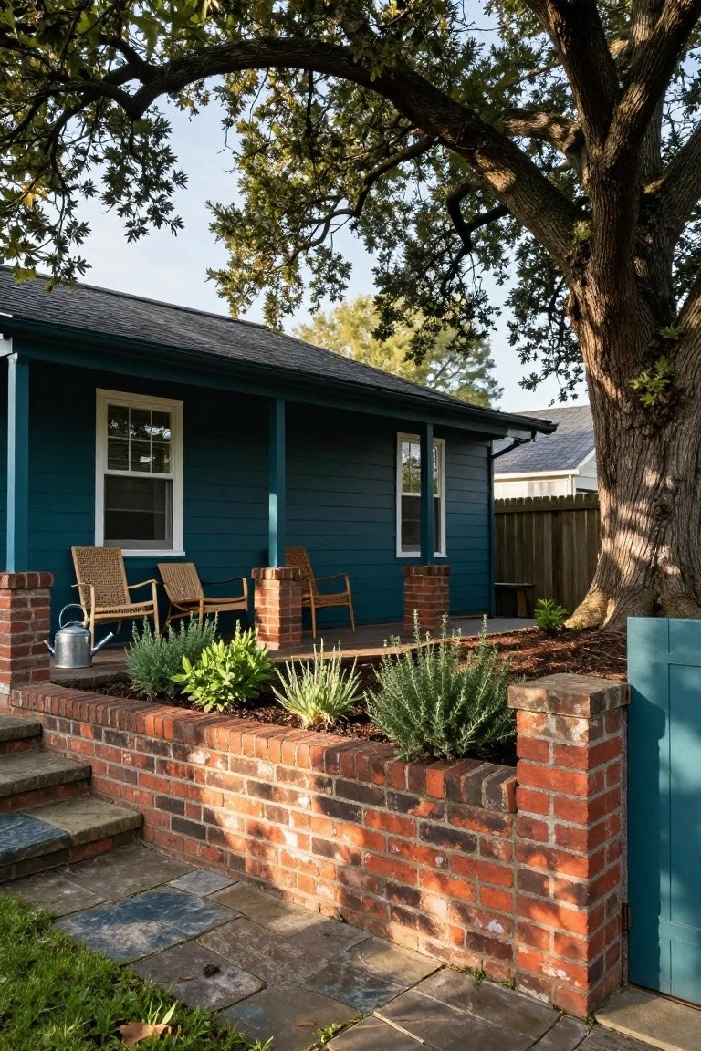 Dark teal clapboard house exterior with covered porch on brick piers, wicker chairs on porch, metal watering can, herbs and succulents in brick planter wall, steps leading to porch, and large oak tree nearby.