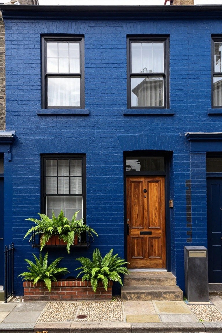 Narrow two-story terraced house with deep blue painted brick exterior, black window frames, wooden double front door, ferns in window box and ground planters, brick edging, stone steps, and gravel path.