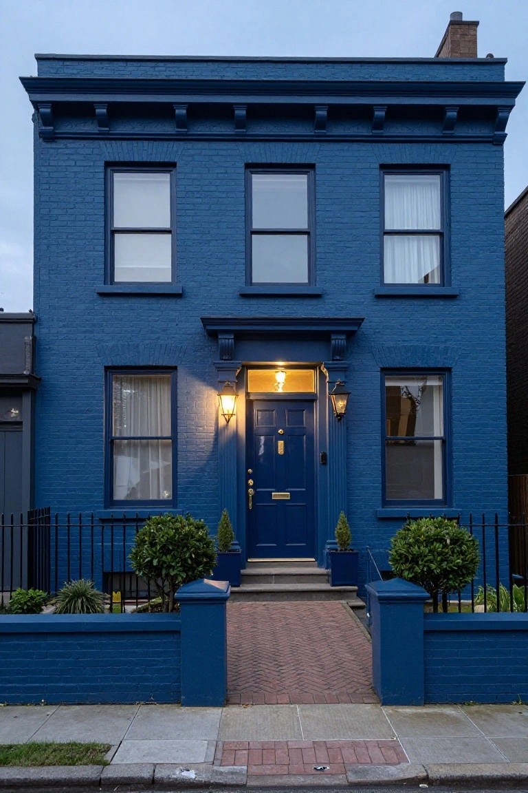 Two-story navy blue painted brick house with white window frames, centered blue front door with brass knocker, flanked by lanterns and boxwood shrubs, black iron fence, and brick path.